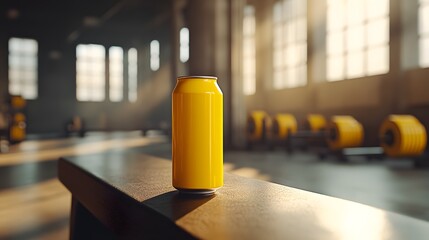 Yellow beverage can in a sunlit industrial space