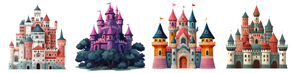 Enchanting and Magical Fantasy Castle Set Depicting Fairytale Fortresses Towers and Palaces in Whimsical Storybook Landscapes