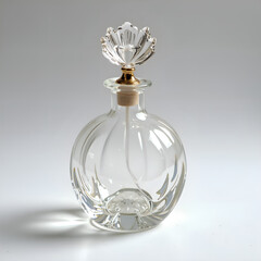 Elegant crystal bottle with intricate floral lid capturing light and reflections, photography of still life concept.