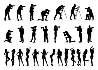 Set of male and female photographers and group of sexy women as model in various poses vector silhouettes.
