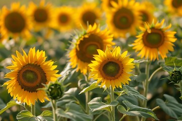 Fototapeta premium Vibrant Sunflower Field Golden Blooms in Summer Sunlight