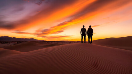 Fototapeta premium A couple watching the sunset over a desert landscape, with vibrant orange and pink skies casting dramatic shadows on the sand dunes. Watching desert sunset with vibrant skies.