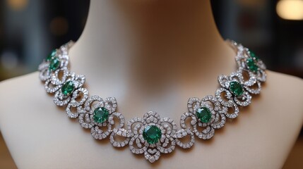 necklace made of diamonds and green emerald gemstones on mannequin neck alone only available to women black backgroun