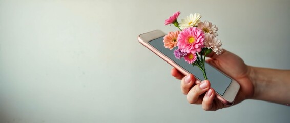flower ordering online - hand holding a smartphone with flowers