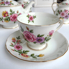 Delicate floral teacup with gold trim featuring vivid roses and daisies, photography of still life concept.