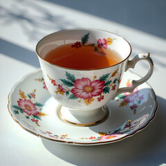 A delicate floral teacup with herbal tea and soft natural light accents, photography of still life concept.