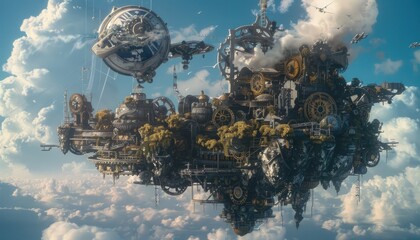 A steampunk city floats among the clouds high above
