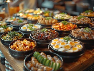 Delicious Korean Cuisine Buffet Variety of Dishes Food Photography