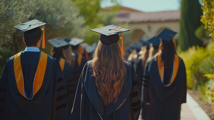 A diverse group of graduates, dressed in traditional caps and gowns, strides confidently along a sunlit pathway, celebrating their academic achievements and embracing new beginnings