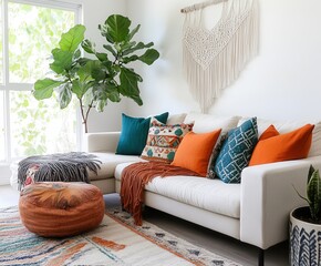 Eclectic boho-chic living room with colorful rugs and macramé decor