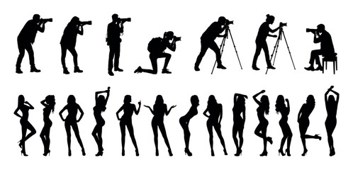 Silhouette set of group of photographers with camera and sexy women models in various poses.