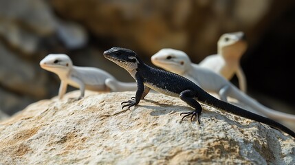 A group of colorful lizards basking on a rock under natural sunlight, showcasing their unique patterns and colors.