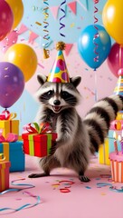 Cute Racoon in birthday party with cake, balloons and gifts.