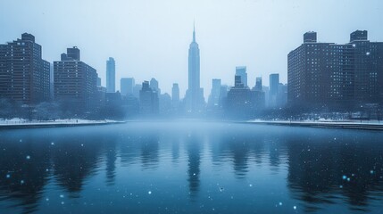 Fototapeta premium new york city skyline in winter with snowflakes and fog