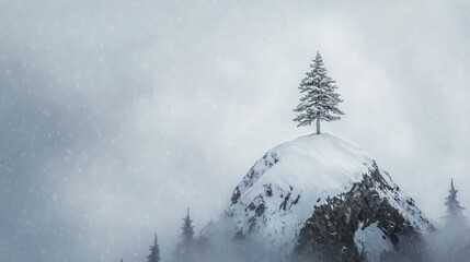 Obraz premium Solitary snow-covered evergreen tree atop a snowy hill in a foggy winter landscape.
