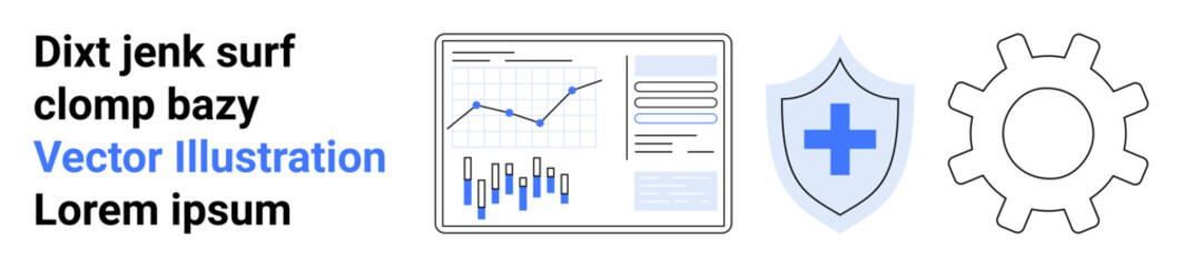 Business chart with line and bar graphs inside a tablet, blue security shield with a cross, grey gear cog. Ideal for business analytics, data visualization, cybersecurity, technical support, digital