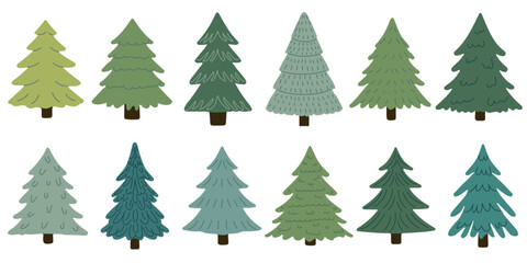 Set of Christmas trees. Traditional symbol of Christmas and New Year. Holiday design for cards, banners, packaging and textiles. Traditional symbol of Christmas and New Year. Vector illustration.