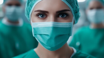 female surgeon in front on background surgical team of doctors and nurses ready for operation
