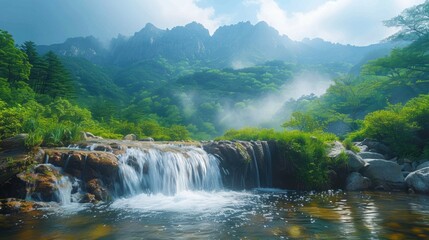 Fototapeta premium Serene Waterfall Lush Mountains Nature Landscape Tranquil Scene Asia