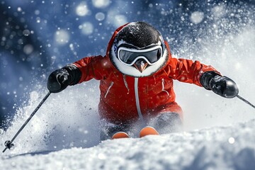 a penguin in a ski suit and goggles going down the mountain. on a full-color background. real photo. high detail. 