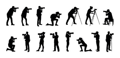 Fototapeta premium Silhouettes set of male and female photographers in various poses on white background.