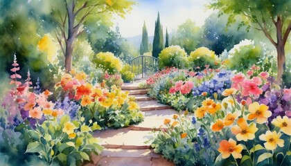 Vibrant watercolor illustration capturing a serene spring garden filled with blooming flowers along a winding path on a sunny day