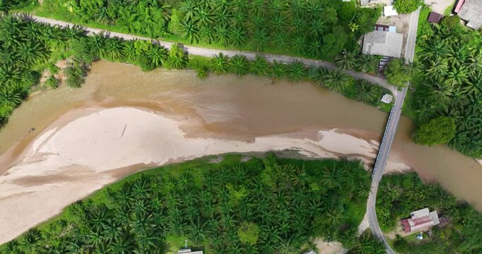 Aerial drone video on Plai Wha river at Phang Nga, Surat Thani, Thailand, river and forest, nature.
