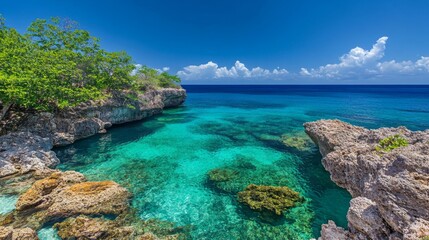 Fototapeta premium Tropical Cove With Clear Turquoise Water And Rocks