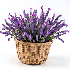 Charming lavender bouquet in a woven basket for home decor inspiration, photography of still life concept.