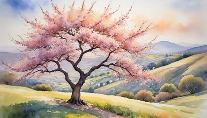 Delicate blossoms and rolling hills bring a serene springtime landscape to life in an enchanting watercolor artwork