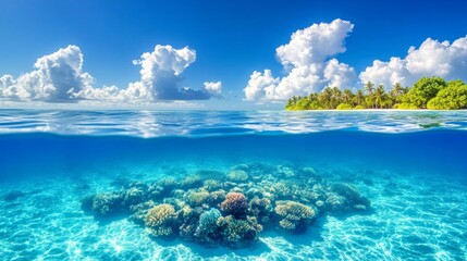 Tropical Island Paradise Over Underwater Coral Reef