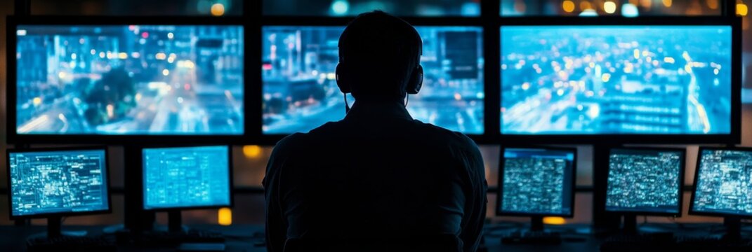 Security Analyst Monitoring City Surveillance, Working Late Night Shift in CCTV Control Room