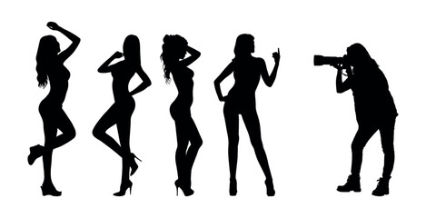 Woman photographer with camera taking shot and shooting videos of group sexy woman model in studio isolated black silhouette.