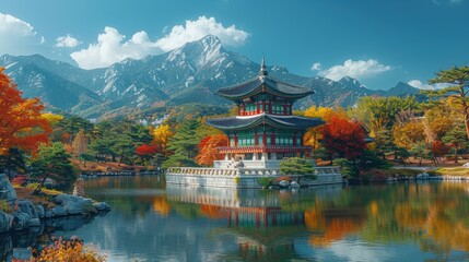 Fototapeta premium Gyeongbokgung Palace Autumn Scenery Korean Pagoda Mountains Lake Fall Foliage