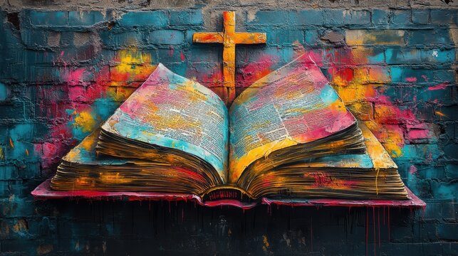 open bible with a cross on the wall colorful graffiti