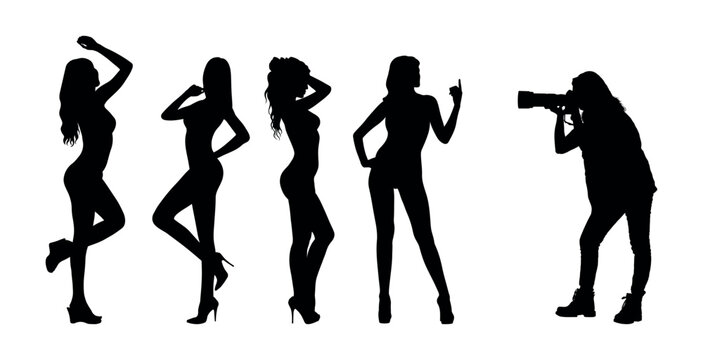 Woman photographer with camera taking shot and shooting videos of group sexy woman model in studio isolated black silhouette.