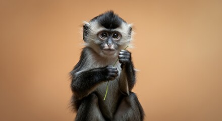 Obraz premium Curious young monkey holding a straw against a soft orange background