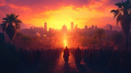palm sunday christ s triumphal entry into jerusalem silhouette of a crowd of people on the background of palm trees and ancient city