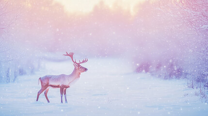 A quiet winter moment as a deer walks across a snow-covered landscape, with a pastel pink and blue sky creating a peaceful setting.
