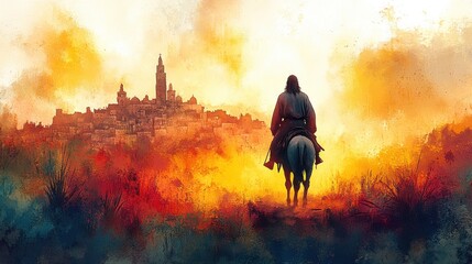 Fototapeta premium palm sunday christ s triumphal entry into jerusalem silhouette of a man riding a donkey on a background of the city watercolor illustration