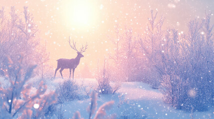 Fototapeta premium A deer pauses amidst the snow-covered trees of a forest, exuding a sense of calm and serenity as it becomes the focal point of the scene.