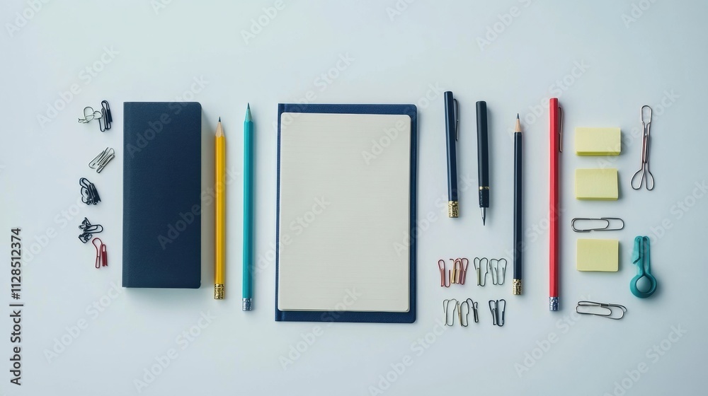 Aufkleber Various office supplies are neatly arranged with a notebook and ample copy space for notes or creative ideas, ideal for organization. Generative AI