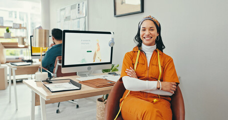 Arms crossed, computer and portrait with fashion designer woman in textile workshop. Desktop,...