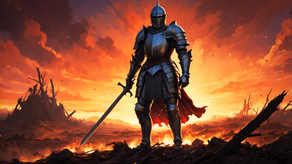Naklejka premium A knight in armor on the battlefield in the evening, after the battle