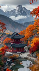 Fototapeta premium Autumn Korean Temple Mountain Landscape Scenic Pond Fall Foliage
