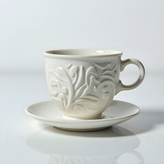 Delicate porcelain cup with intricate floral design on a glossy surface, photography of product photography concept.