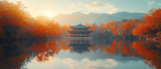 Autumn Serenity Korean Pavilion Lake Reflection Fall Foliage