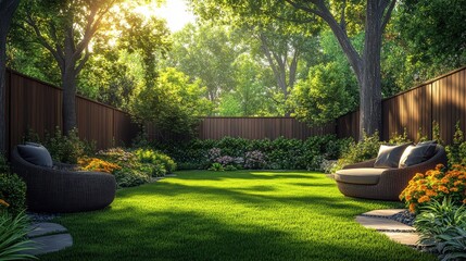 patio area backyard in the sun with trees a fence and a green lawn grassy backyard patio or courtyard in a suburban home cartoon chairs and table garden modern furnitur