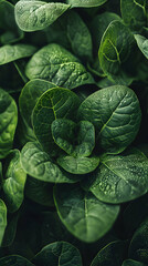 Close-up of fresh green spinach leaves with water droplets.