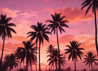 Obraz premium Vibrant orange and pink sky with silhouetted palm trees, gradient, silhouettes, tropical
